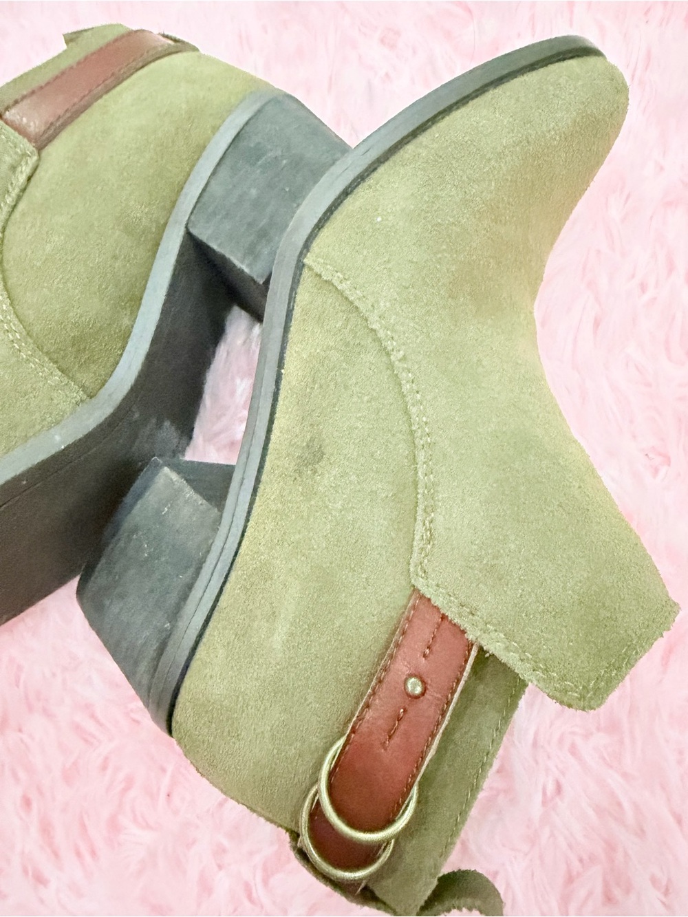 AE Olive Suede Ankle Boots with Brown Strap size 7 - Picture 6 of 10
